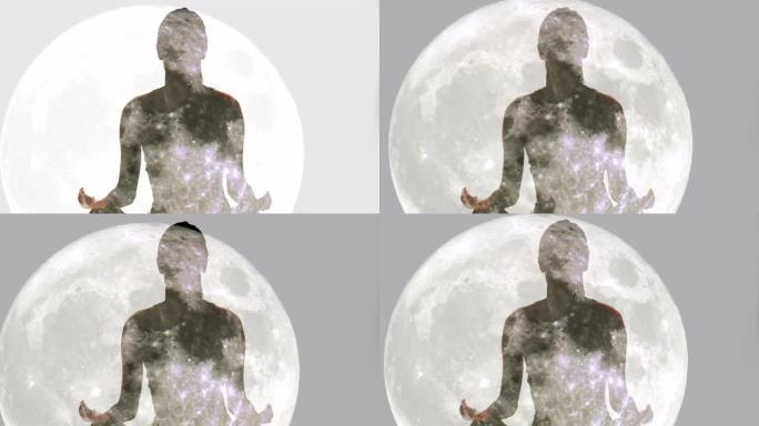 WS在满月背景下冥想的女人的双重曝光镜头