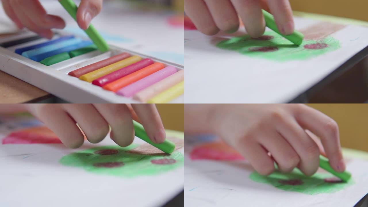 特写亚洲年轻女孩在客厅使用手指画和绘画艺术和工艺，而留在家里。他们使用油彩或粉笔颜色在纸上创作艺术作