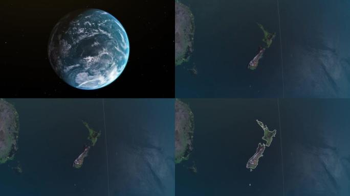 新西兰地图，通过4k照片真实的动画地球仪从空间放大，全景包括澳大利亚。史诗旋转世界动画，现实地球，亮