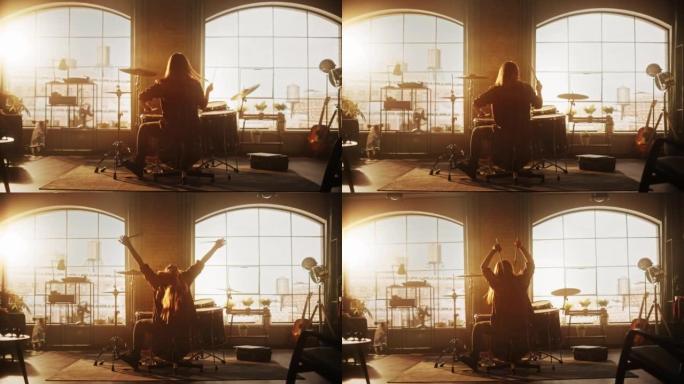 长发的女性或男性背对着镜头坐着，在阁楼工作室进行乐队排练时打鼓。重金属鼓手独自练习鼓。