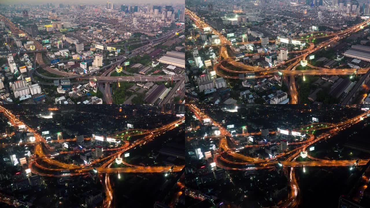 鸟瞰图曼谷高速公路交通夜间延时