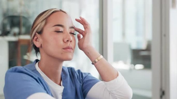 医生、妇女和头痛在医院为倦怠、压力或焦虑的医疗职业压力。沮丧的专业医生，护士和诊所工作，脸上疲倦，沮