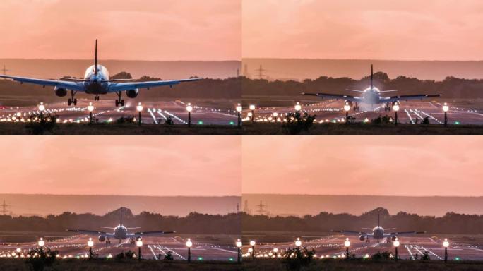 飞机在日落时降落在机场跑道上