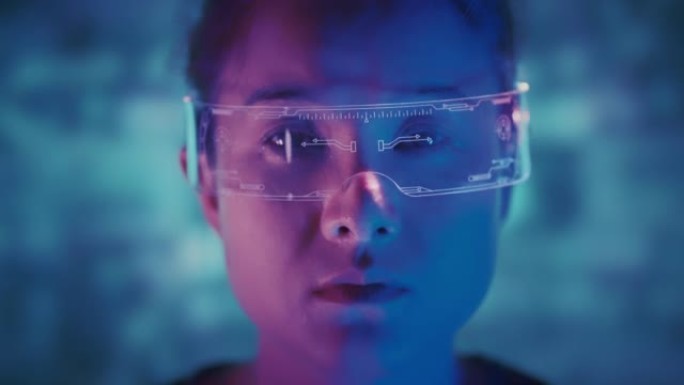 SLO MO亚洲女性使用背景霓虹灯VR眼镜