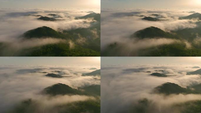 从山雾云上看日出高山峰山脉连绵秋天