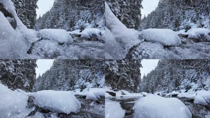 冬季故事。冬季景观有白雪皑皑的森林，寒冷的河流有冰和降雪。冬季自然背景，万向节拍摄