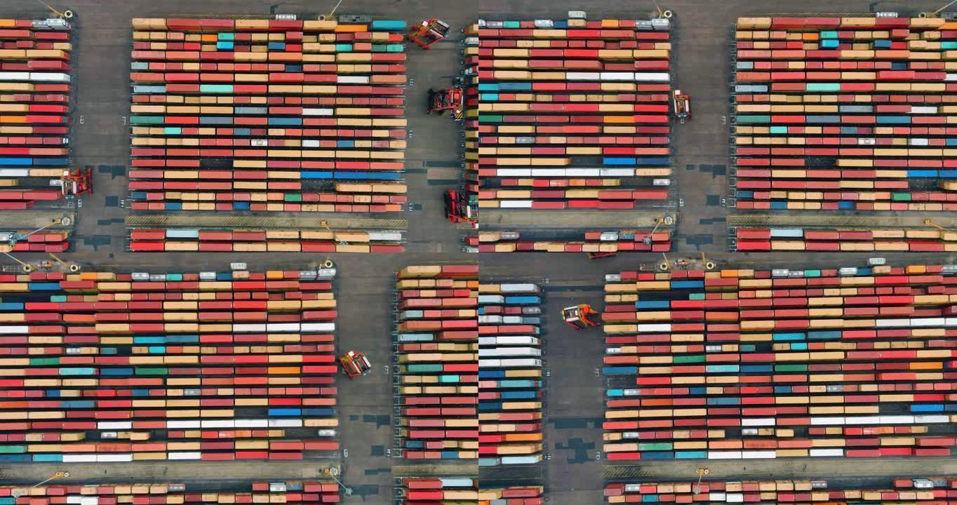在南非德班港，成千上万的集装箱在码头上等待装载到集装箱船上的俯视图