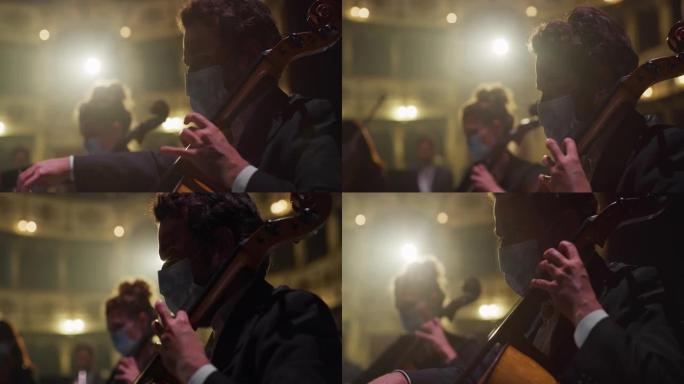 交响乐团的电影特写镜头，表演者戴着医用防护面具演奏小提琴