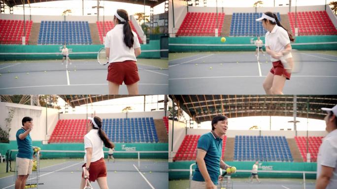 高级网球运动员在网球场打双打。