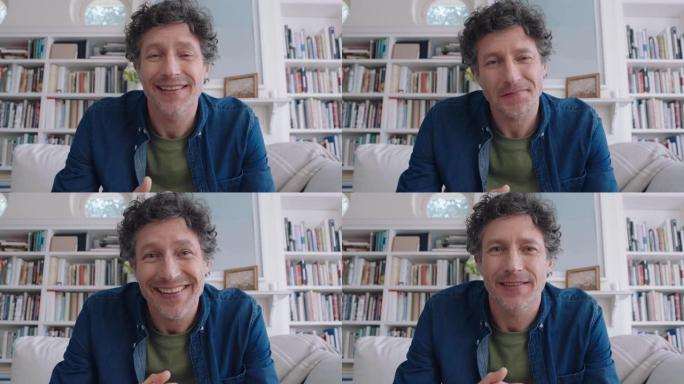 快乐的白人男子在家中使用网络摄像头进行视频聊天，分享生活方式，享受水平屏幕4k镜头上的在线交流