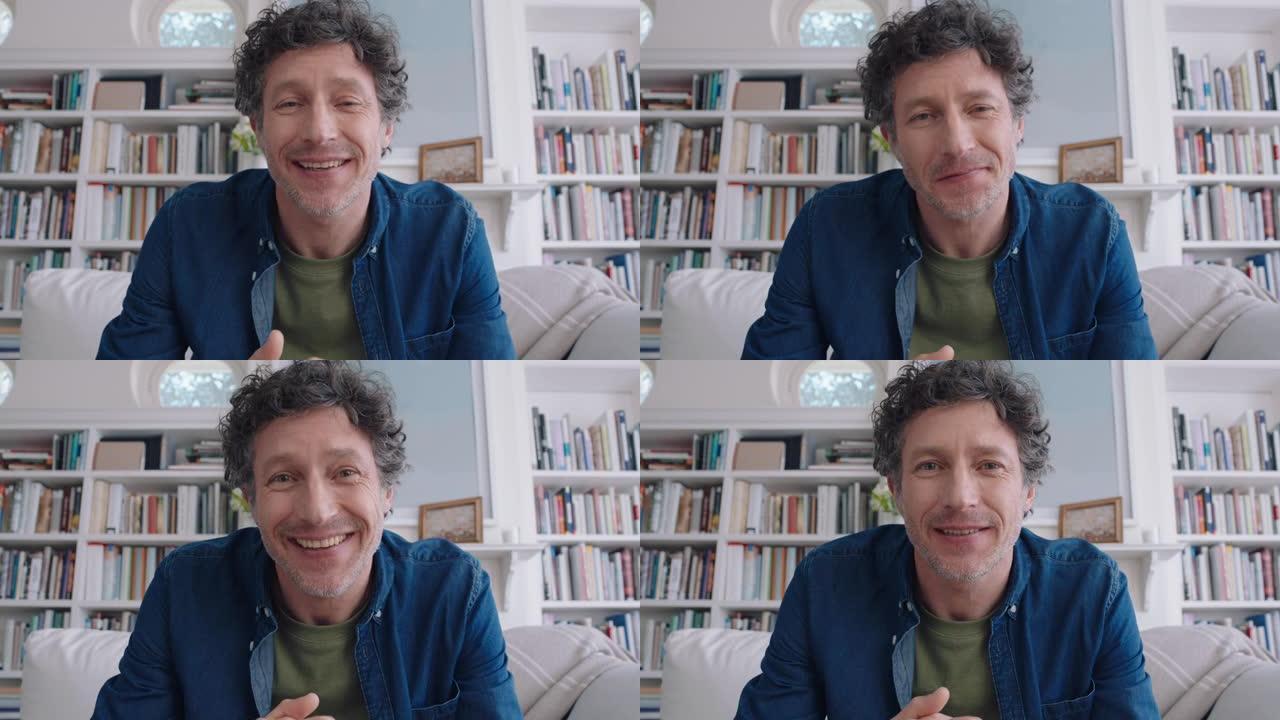 快乐的白人男子在家中使用网络摄像头进行视频聊天，分享生活方式，享受水平屏幕4k镜头上的在线交流