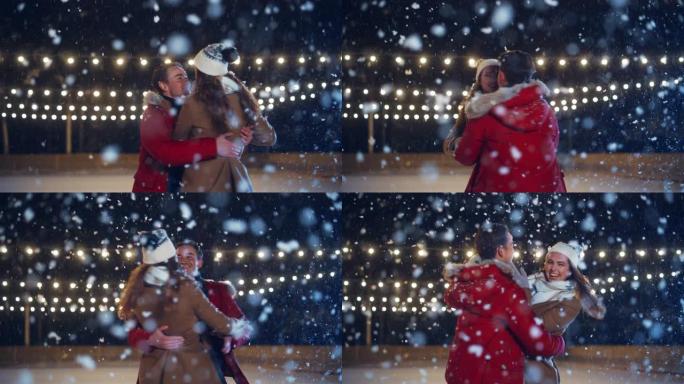 浪漫的冬天下雪的夜晚: 滑冰夫妇在溜冰场上玩得开心。双人滑冰男孩和女友恋爱，跳舞，旋转拥抱，职业花样