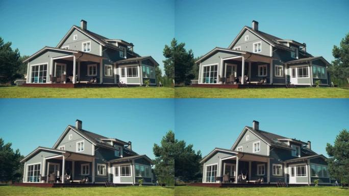建立镜头: 美丽的蓝天弧线镜头，带有传统建筑的大型现代乡村住宅。私人住宅站在风景秀丽的绿色草坪上。