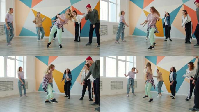 无忧无虑的青少年在现代工作室跳舞当代舞蹈