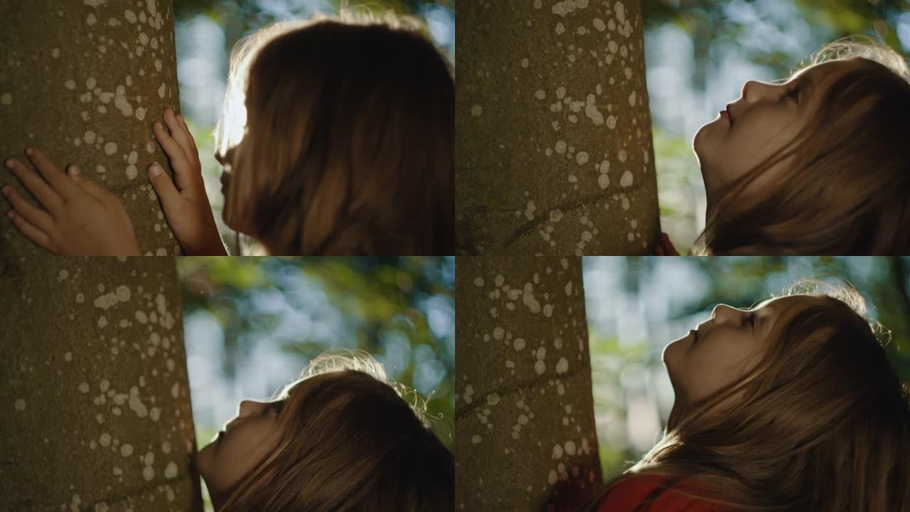 SLO MO金发小女孩触摸森林中的一棵树