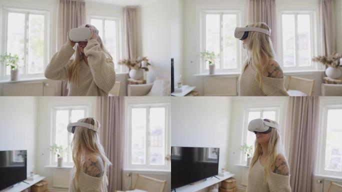 在客厅里使用虚拟现实耳机的女人