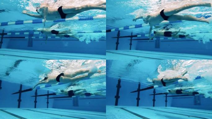 在游泳池训练的男性游泳者的特写镜头