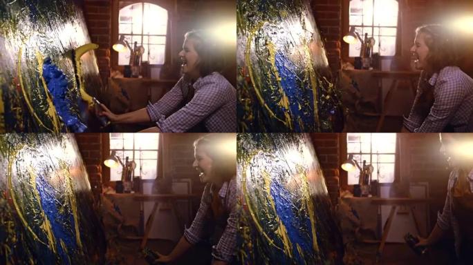 时间扭曲SLO MO才华横溢的女艺术家在画布上用飞溅绘画技术绘画