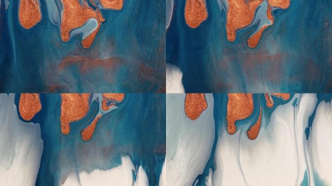 抽象背景，蓝色、白色和棕色油漆向下流动。抽象丙烯酸背景。