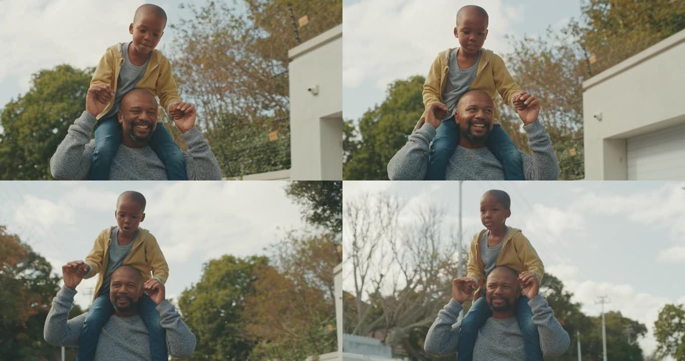 4k视频片段，一个英俊的成熟男人将儿子扛在外面
