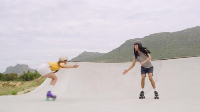 两个朋友在滑板公园和溜冰场溜冰。酷年轻有趣的人在山景城外给高五表演滑冰技巧。男人和女人在周末享受空闲