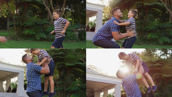 快乐的高加索儿子奔跑并跳入花园中父亲的怀抱
