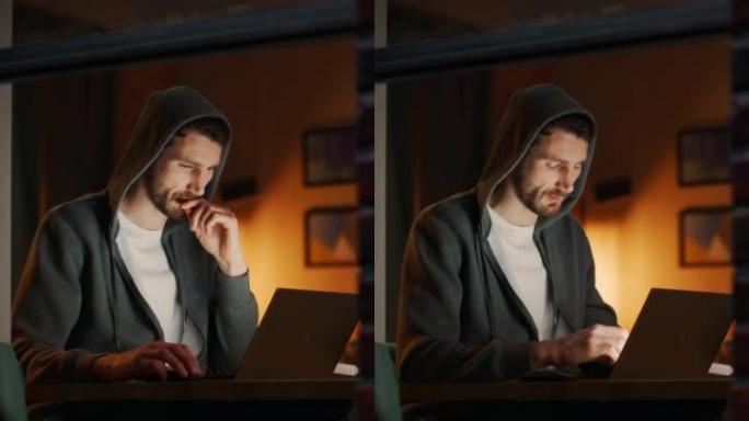 垂直屏幕: 白人男子坐在家庭办公室的办公桌前在笔记本电脑上工作。自由企业家听音乐，做远程工作。穿过公