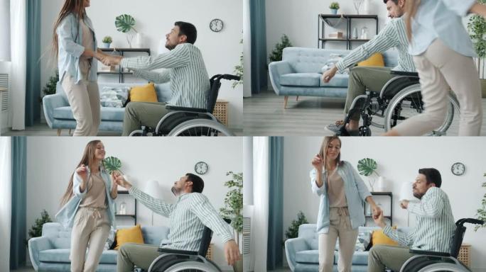 轮椅上的残疾年轻人在家与快乐的年轻女士跳舞