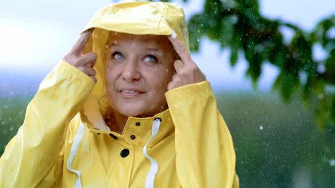 超级SLO MO Mid成年女性在雨衣中享受雨水