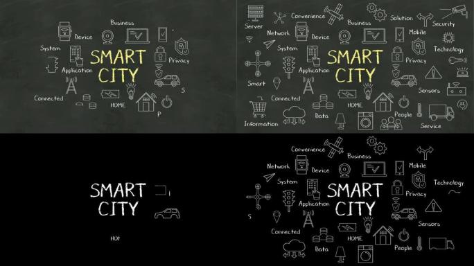 “智能城市” 和各种连接的智能城市图标动画的粉笔绘制。
