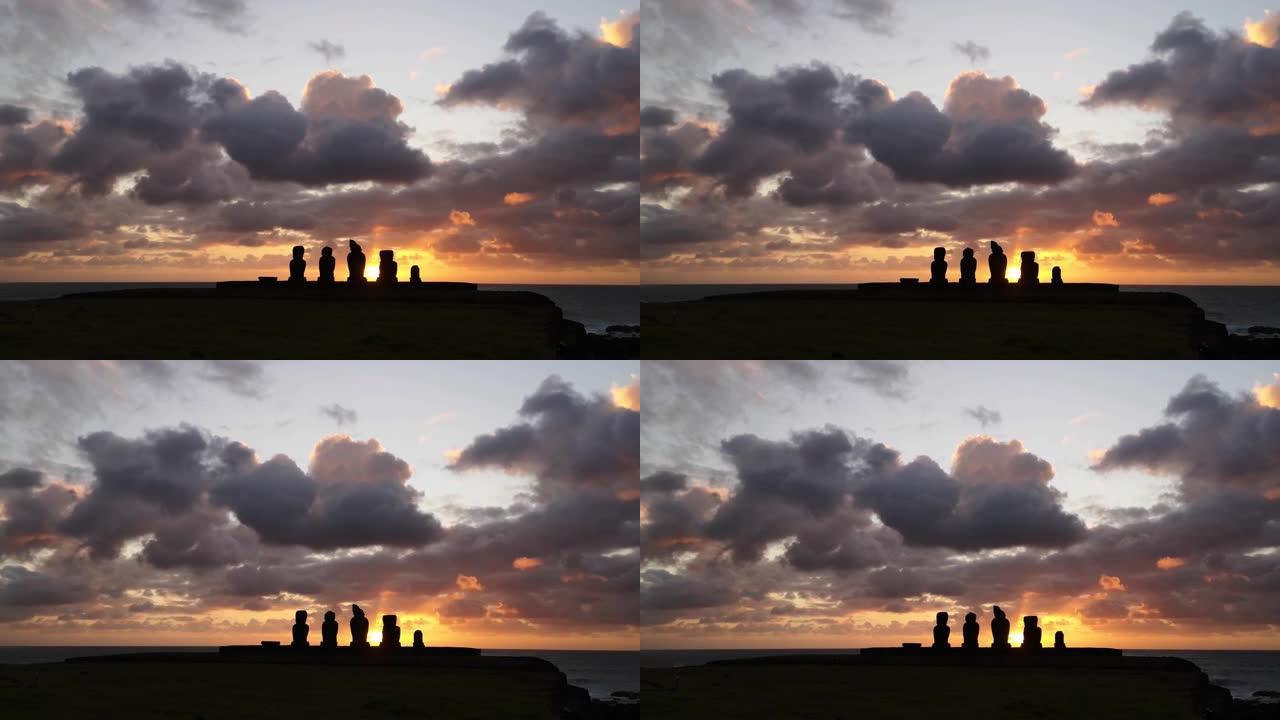日落时拉帕努伊海岸的摩艾雕像。