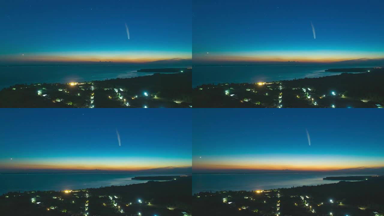 乡村美丽的夜景和坠落的彗星。超失效