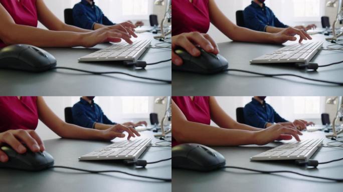 电脑键盘上女性搭接的特写