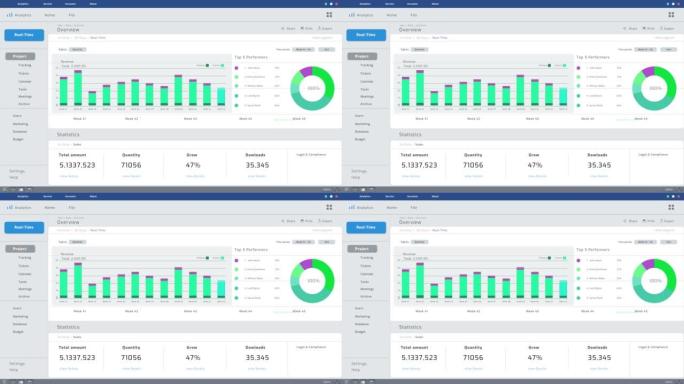 带有图形和财务分析的每周业务规划师图。带有绿色和紫色图表的白色界面。计算机显示器的模拟会计工具模板