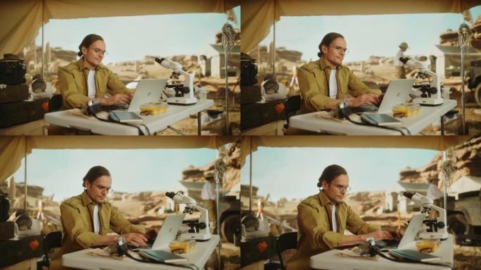考古挖掘地点: 著名的男性考古学家进行研究，使用笔记本电脑，分析化石遗骸，古代文明文化文物。历史学家