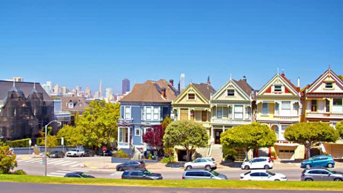 旧金山。住宅区。汽车。著名的彩绘女士，彩色住宅。公共公园。