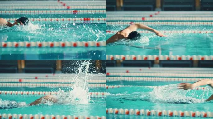 成功的男子游泳运动员赛车，在游泳池游泳。专业运动员决心赢得冠军自由爬行中风彩色电影镜头。侧视图跟踪慢