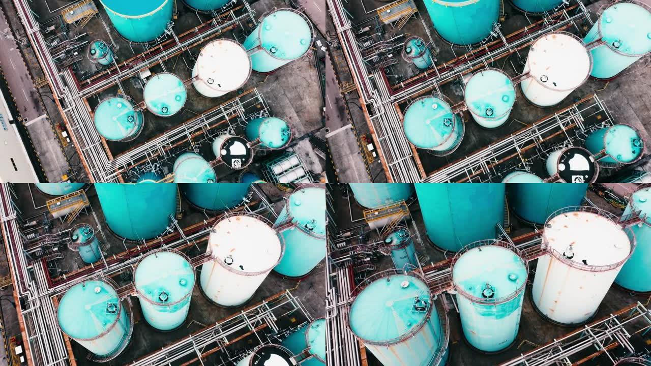 鸟瞰式炼油厂工业炼油厂房中石油储存罐提炼