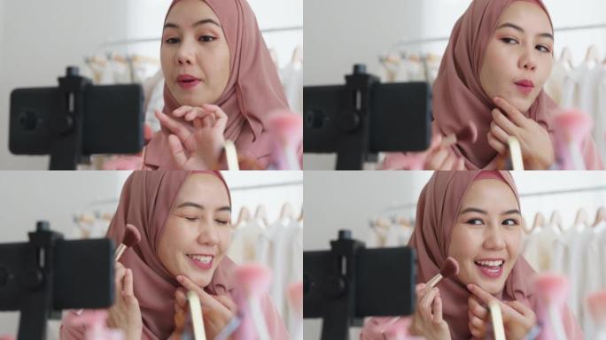 穆斯林美女视频博客在社交媒体instagram tiktok卷轴上直播。