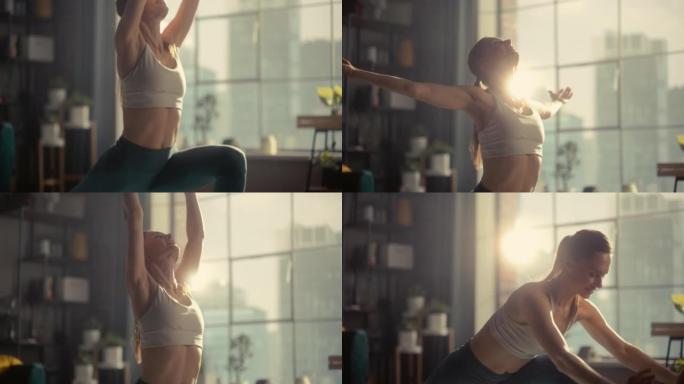 一位年轻的运动女子早上在她阳光明媚的家庭客厅锻炼、伸展和练习瑜伽。健康的生活方式、健身、幸福和正念概