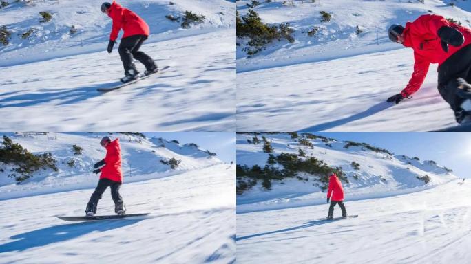 滑雪者在滑雪坡上雕刻，喷洒积雪