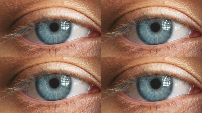 女人的脸，蓝色的眼睛和焦点，视力和隐形眼镜看，视力和意识。缩放面部、眼球和验光测试的宏，以凝视清醒的
