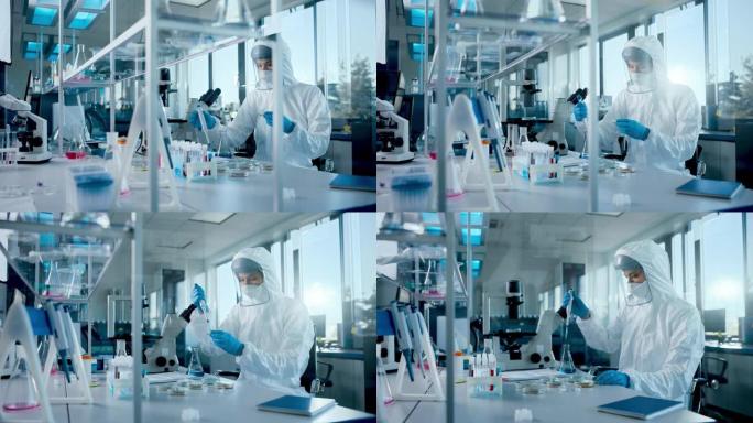 美丽的女医学家穿着工作服和面罩，使用微量移液器，同时使用试管。具有现代化设备的疫苗、药物研发实验室