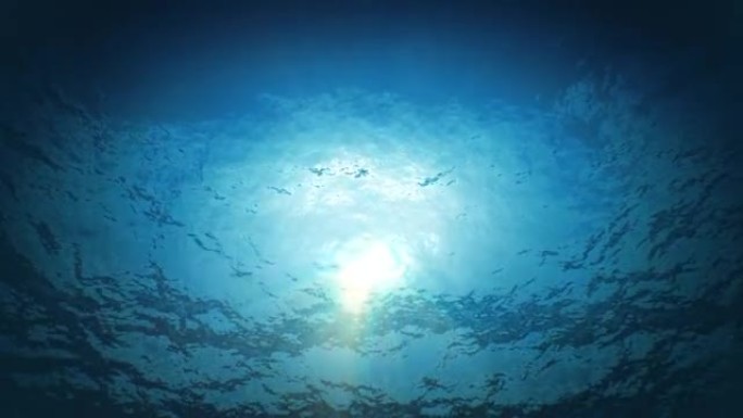 美丽的水下阳光光束透过深蓝色的清水无缝闪耀。从深处挥舞水面的循环3d动画。