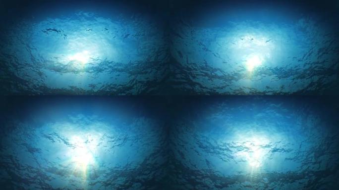 美丽的水下阳光光束透过深蓝色的清水无缝闪耀。从深处挥舞水面的循环3d动画。