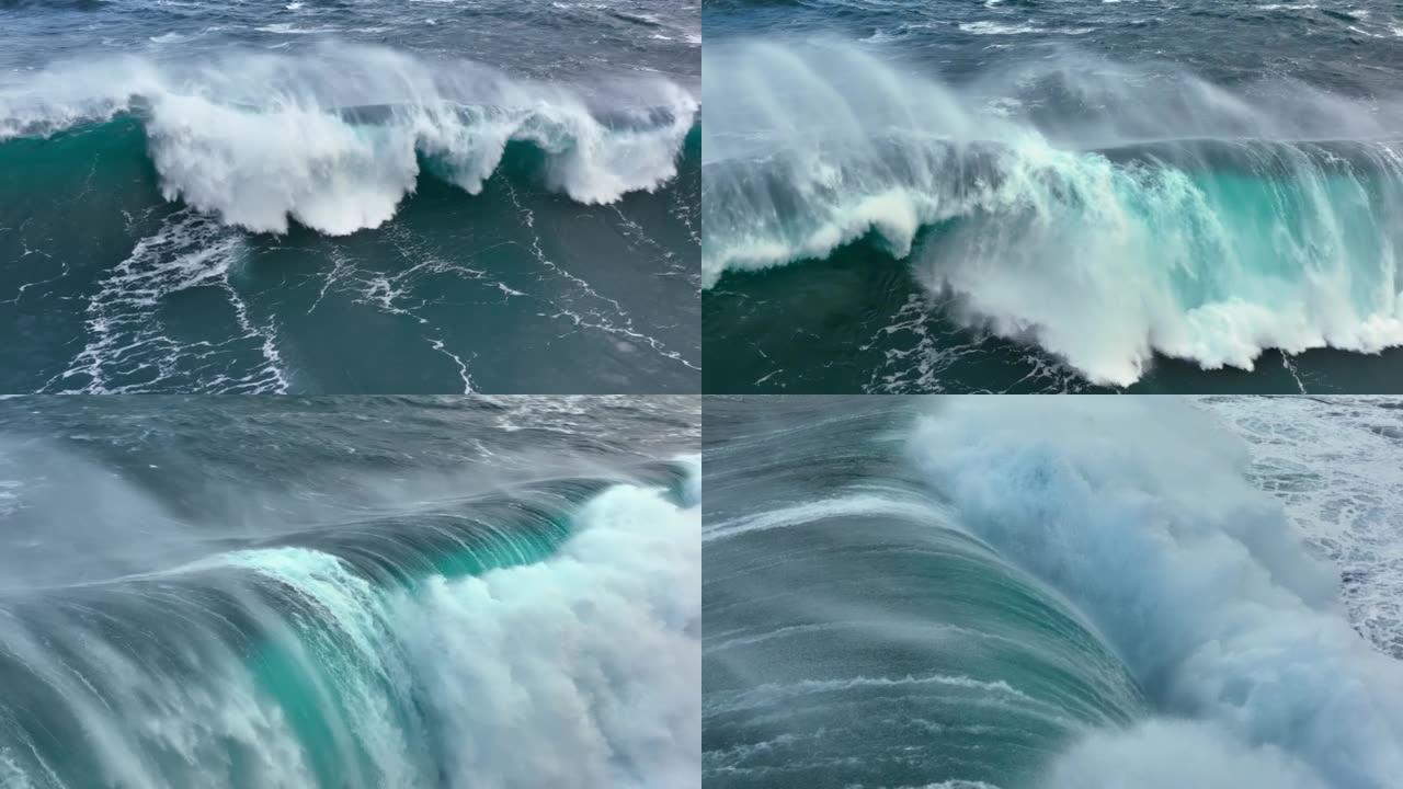 强烈海啸波的航拍。大海浪或海浪撞击的慢动作。UD, 4K