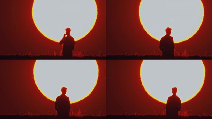 SLO MO Man在大太阳前观察麦田