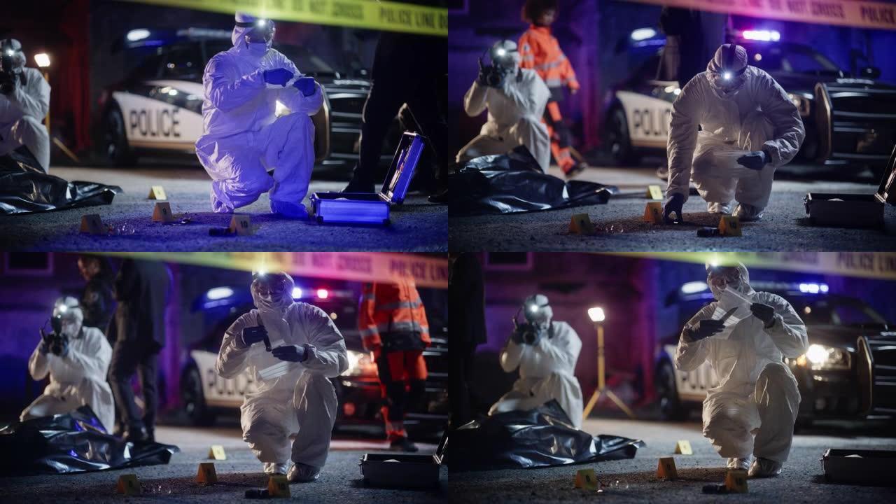 犯罪现场调查组正在处理一起新的谋杀案。法医专家使用设备将流血的刀正确包装在塑料袋中。令人震惊的街头暴