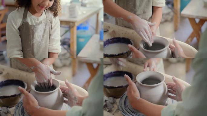 手，陶器和女孩在课堂上与老师一起学习陶土。波特，教育和快乐的创造力孩子在工作坊中，与教育家一起学习艺