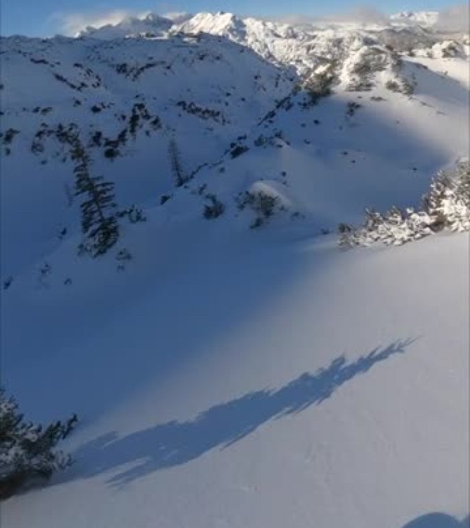 在山区积雪覆盖的斜坡上雕刻自由式滑雪板的垂直POV镜头